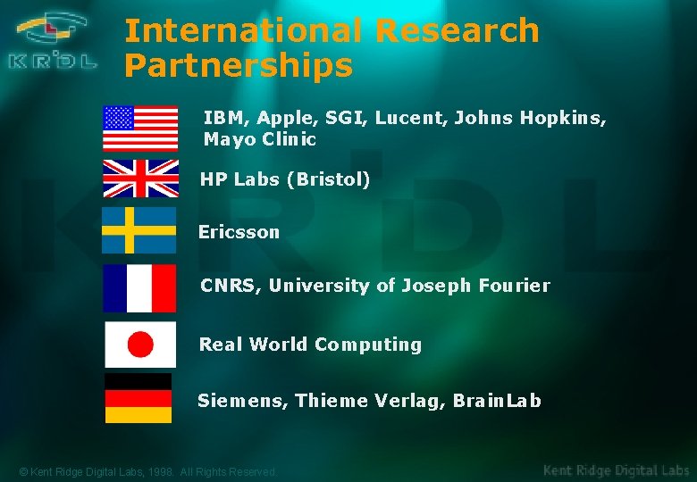 International Research Partnerships IBM, Apple, SGI, Lucent, Johns Hopkins, Mayo Clinic HP Labs (Bristol)