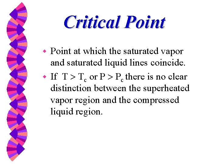 Critical Point at which the saturated vapor and saturated liquid lines coincide. w If