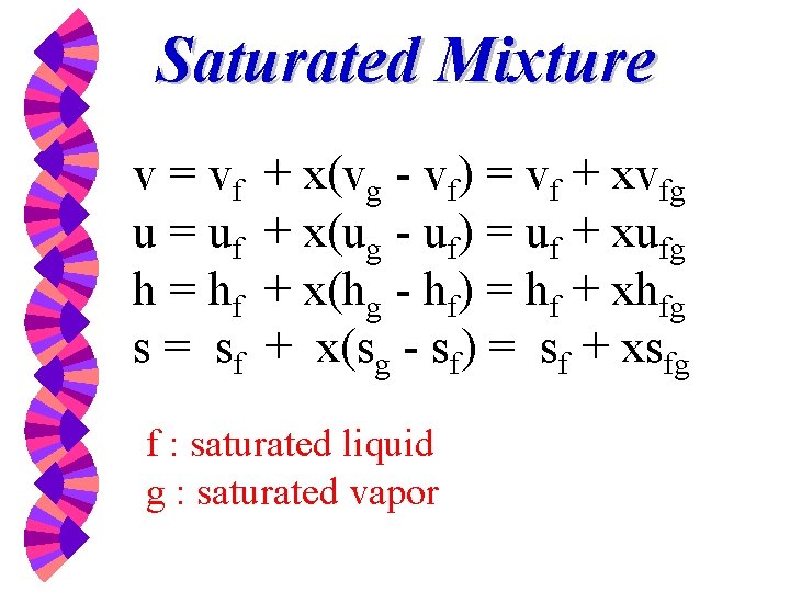 Saturated Mixture v = vf u = uf h = hf s = sf