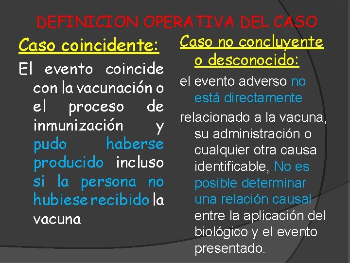 DEFINICION OPERATIVA DEL CASO Caso coincidente: Caso no concluyente o desconocido: El evento coincide