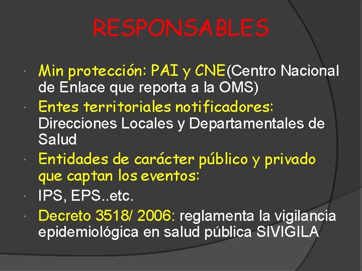 RESPONSABLES Min protección: PAI y CNE(Centro Nacional de Enlace que reporta a la OMS)