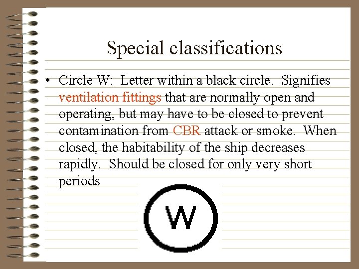 Special classifications • Circle W: Letter within a black circle. Signifies ventilation fittings that