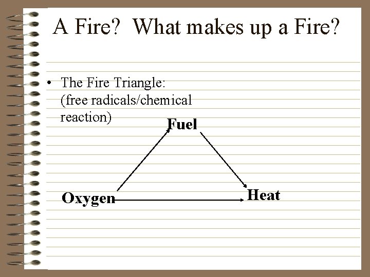 A Fire? What makes up a Fire? • The Fire Triangle: (free radicals/chemical reaction)