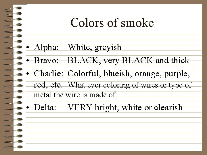Colors of smoke • Alpha: White, greyish • Bravo: BLACK, very BLACK and thick