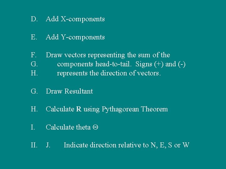 D. Add X-components E. Add Y-components F. Draw vectors representing the sum of the D. Add X-components E. Add Y-components F. Draw vectors representing the sum of the