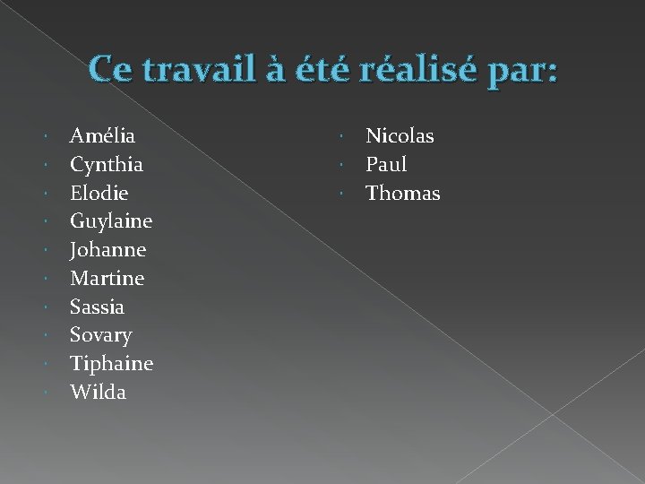 Ce travail à été réalisé par: Amélia Cynthia Elodie Guylaine Johanne Martine Sassia Sovary