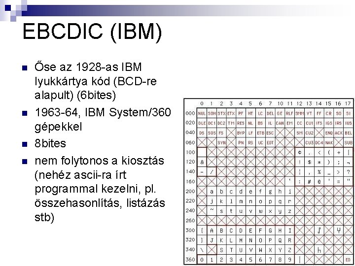EBCDIC (IBM) n n Őse az 1928 -as IBM lyukkártya kód (BCD-re alapult) (6