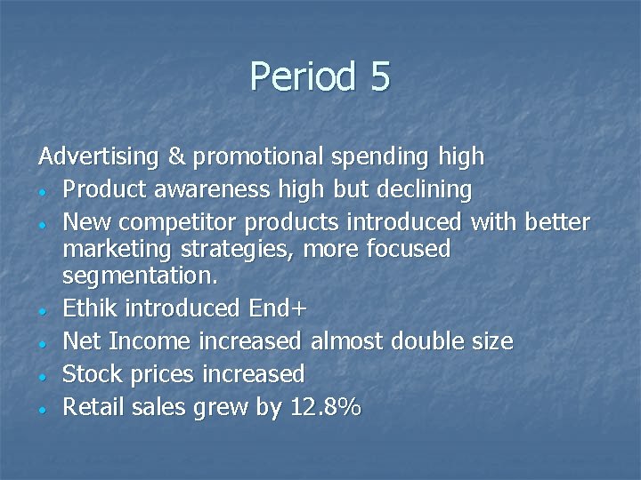 Period 5 Advertising & promotional spending high Product awareness high but declining New competitor