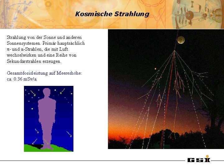 Kosmische Strahlung von der Sonne und anderen Sonnensystemen. Primär hauptsächlich π- und α-Strahlen, die