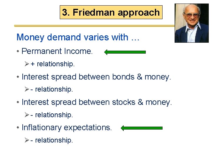 3. Friedman approach Money demand varies with … • Permanent Income. Ø + relationship.