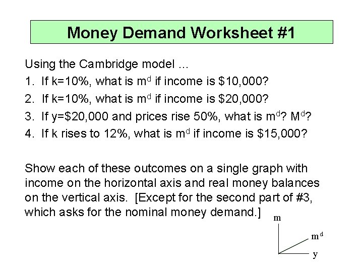 Money Demand Worksheet #1 Using the Cambridge model … 1. If k=10%, what is