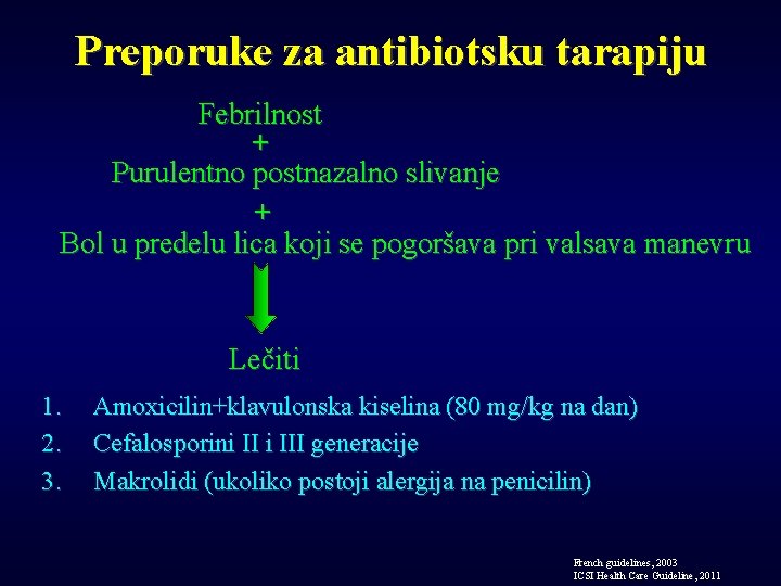 Preporuke za antibiotsku tarapiju Febrilnost + Purulentno postnazalno slivanje + Bol u predelu lica