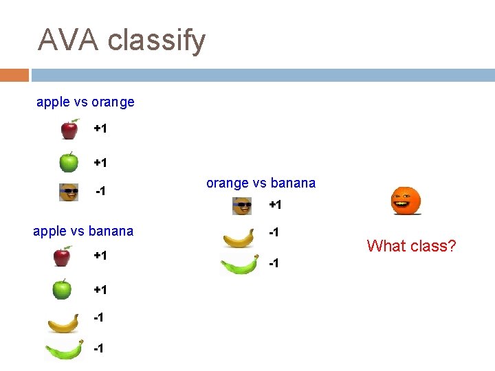 AVA classify apple vs orange +1 +1 -1 apple vs banana +1 +1 -1