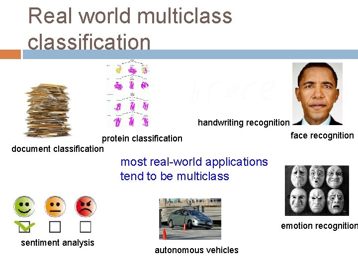 Real world multiclassification handwriting recognition protein classification document classification face recognition most real-world applications