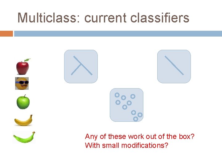 Multiclass: current classifiers Any of these work out of the box? With small modifications?