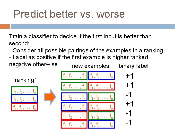 Predict better vs. worse Train a classifier to decide if the first input is