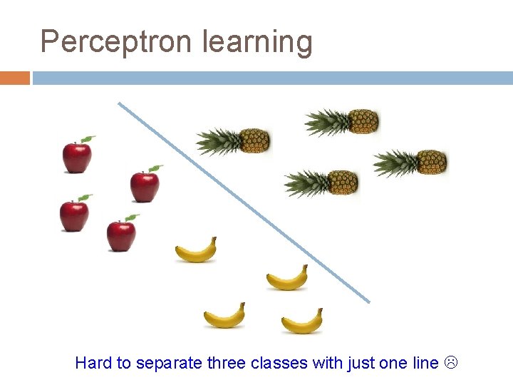 Perceptron learning Hard to separate three classes with just one line 