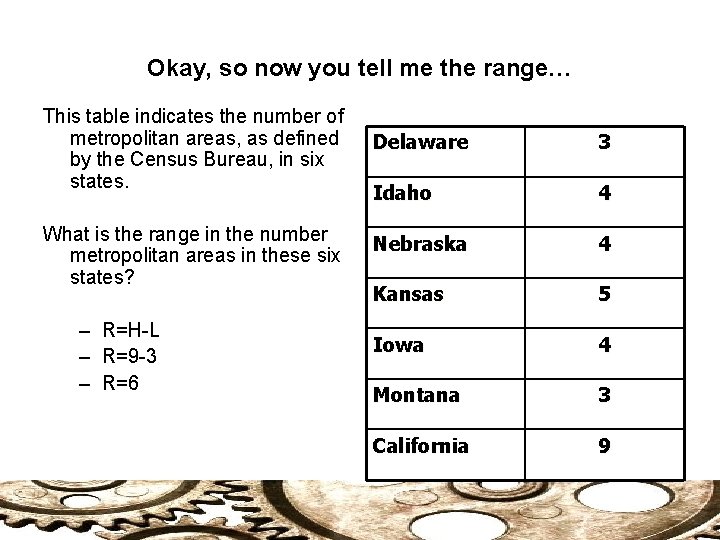 Okay, so now you tell me the range… This table indicates the number of