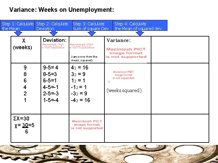 Variance: Weeks on Unemployment: Step 1: Calculate Step 2: Calculate the Mean Deviation X