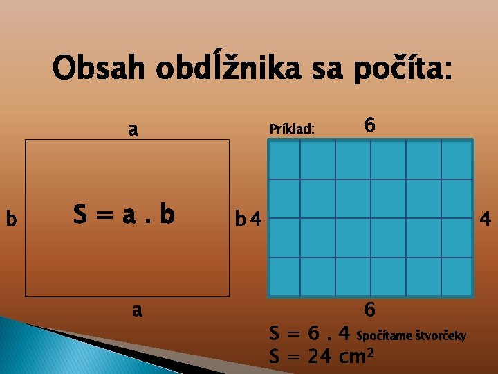 Obsah obdĺžnika sa počíta: a b S=a. b a Príklad: 6 b 4 4