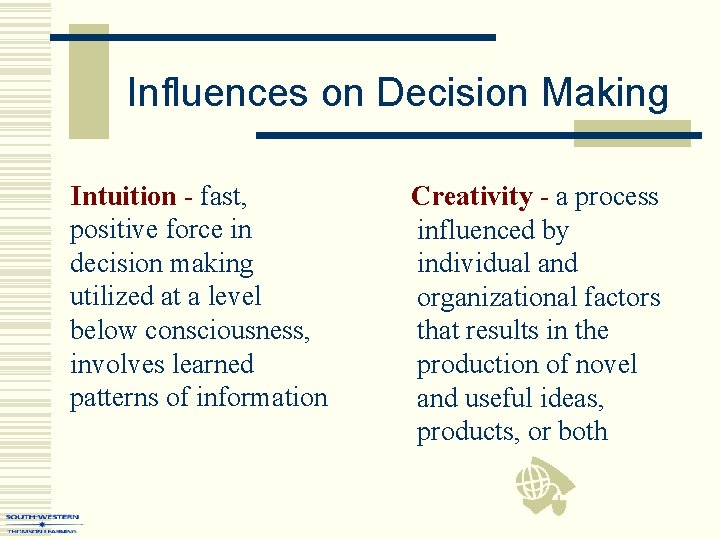 Influences on Decision Making Intuition - fast, positive force in decision making utilized at