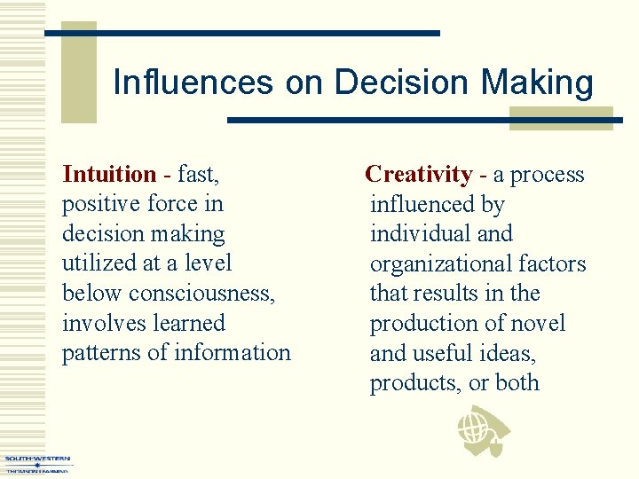 Influences on Decision Making Intuition - fast, positive force in decision making utilized at