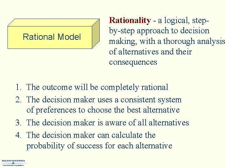 Rational Model Rationality - a logical, stepby-step approach to decision making, with a thorough