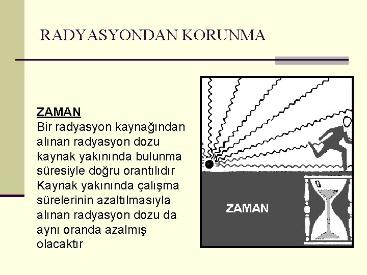 RADYASYONDAN KORUNMA ZAMAN Bir radyasyon kaynağından alınan radyasyon dozu kaynak yakınında bulunma süresiyle doğru
