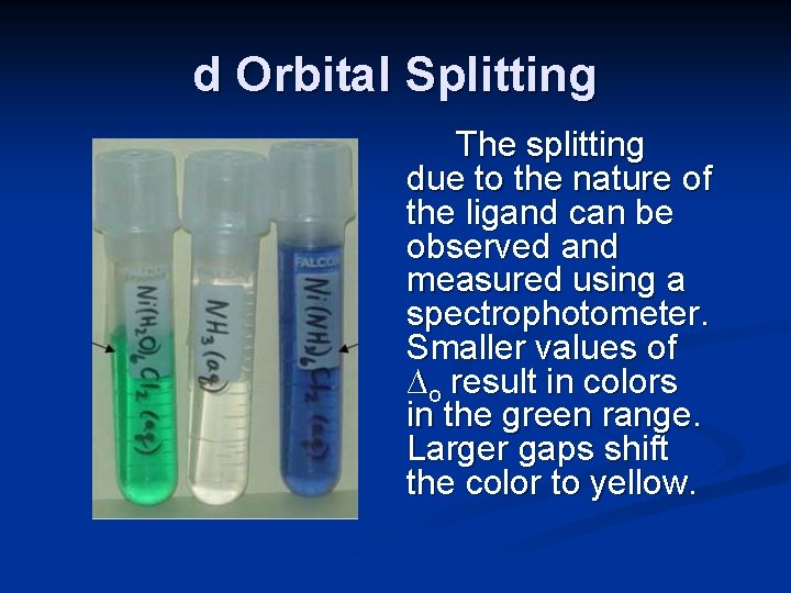 d Orbital Splitting The splitting due to the nature of the ligand can be