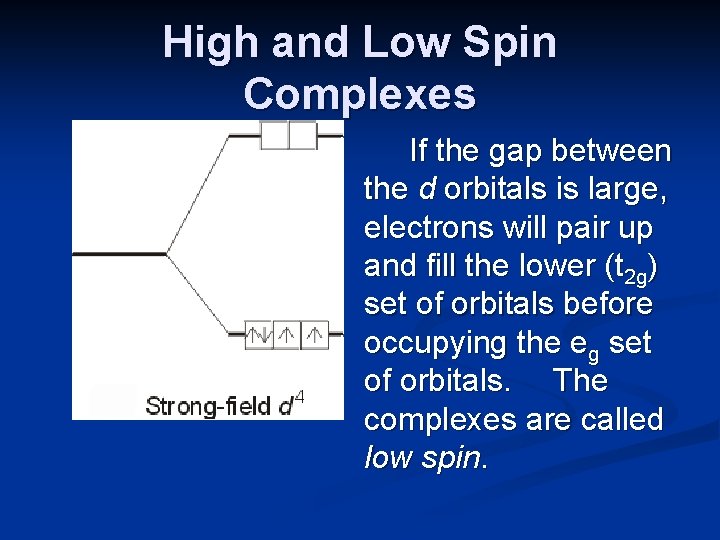 High and Low Spin Complexes If the gap between the d orbitals is large,