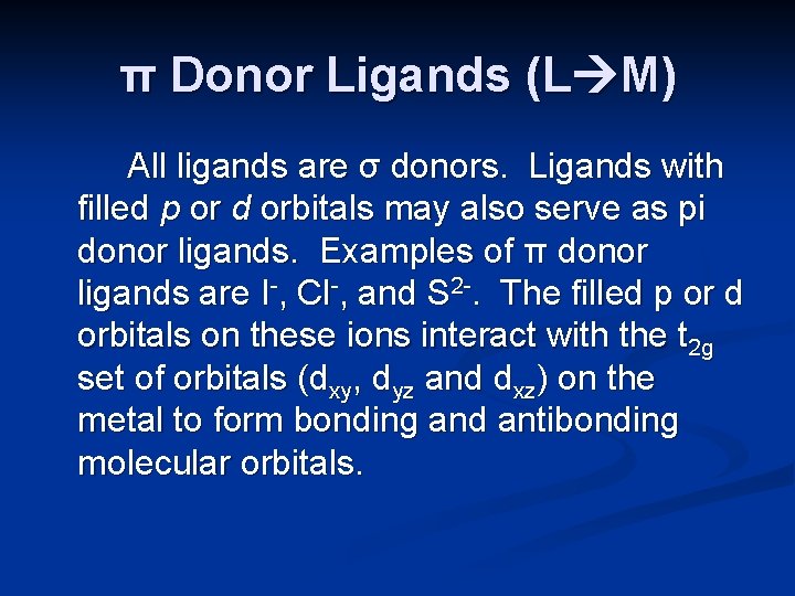 π Donor Ligands (L M) All ligands are σ donors. Ligands with filled p