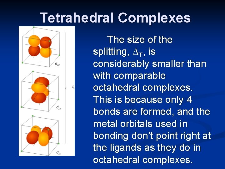 Tetrahedral Complexes The size of the splitting, ∆T, is considerably smaller than with comparable