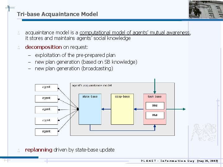 Tri-base Acquaintance Model  acquaintance model is a computational model of agents’ mutual awareness,