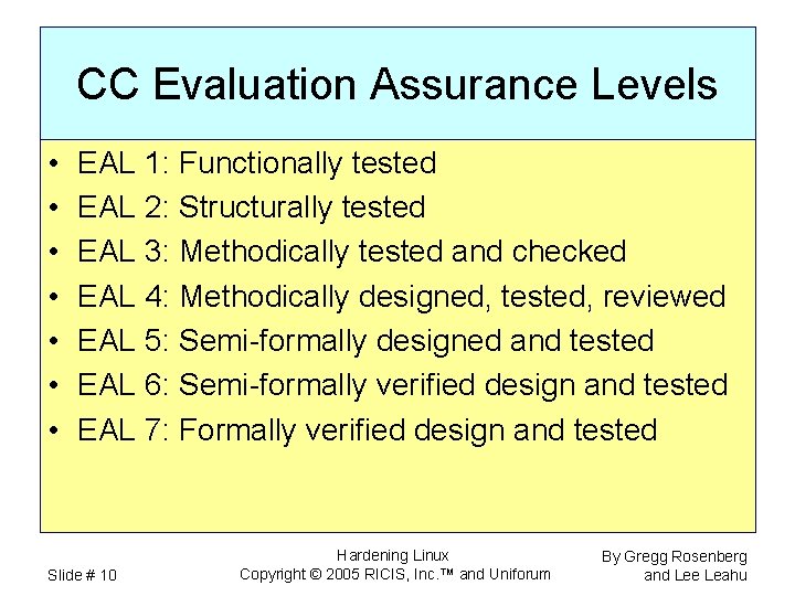 CC Evaluation Assurance Levels • • EAL 1: Functionally tested EAL 2: Structurally tested