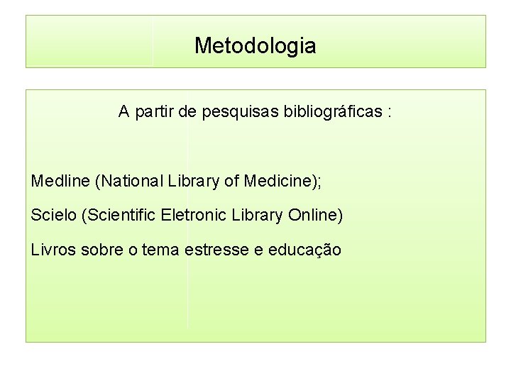 Metodologia A partir de pesquisas bibliográficas : Medline (National Library of Medicine); Scielo (Scientific