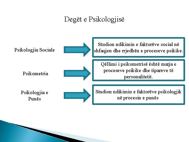 Degët e Psikologjisë Psikologjia Sociale Psikometria Psikologjia e Punës Studion ndikimin e faktorëve social