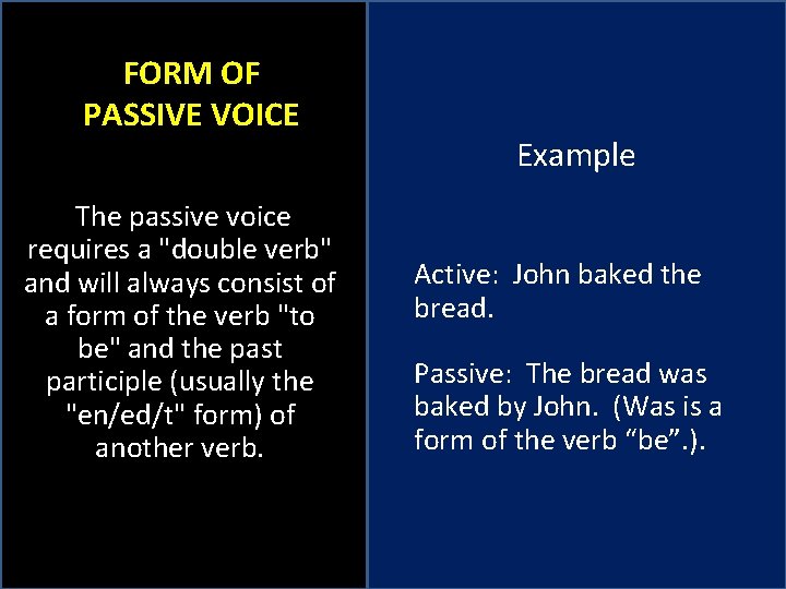 FORM OF PASSIVE VOICE The passive voice requires a "double verb" and will always