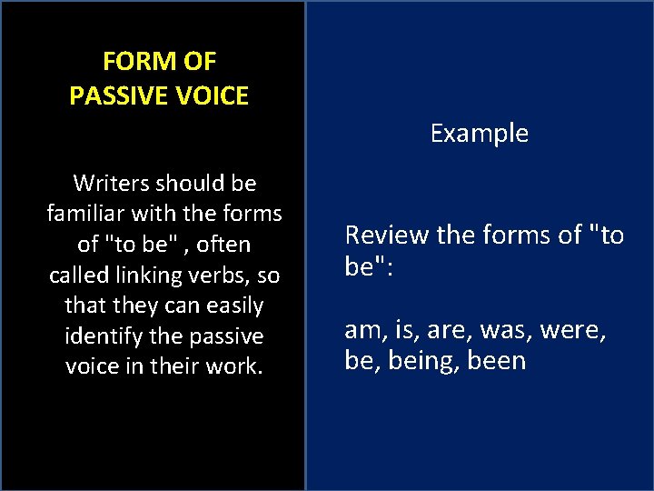 FORM OF PASSIVE VOICE Example Writers should be familiar with the forms of "to