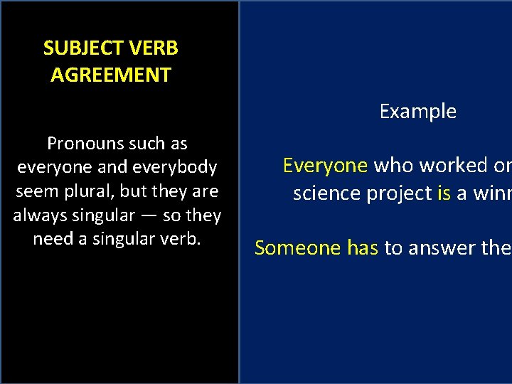 SUBJECT VERB AGREEMENT Example Pronouns such as everyone and everybody seem plural, but they