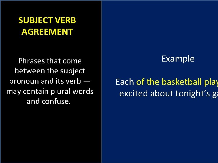 SUBJECT VERB AGREEMENT Phrases that come between the subject pronoun and its verb —