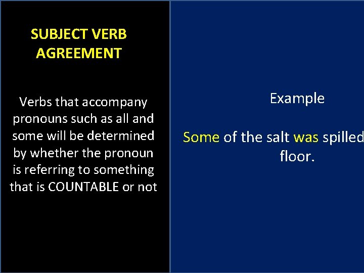 SUBJECT VERB AGREEMENT Verbs that accompany pronouns such as all and some will be