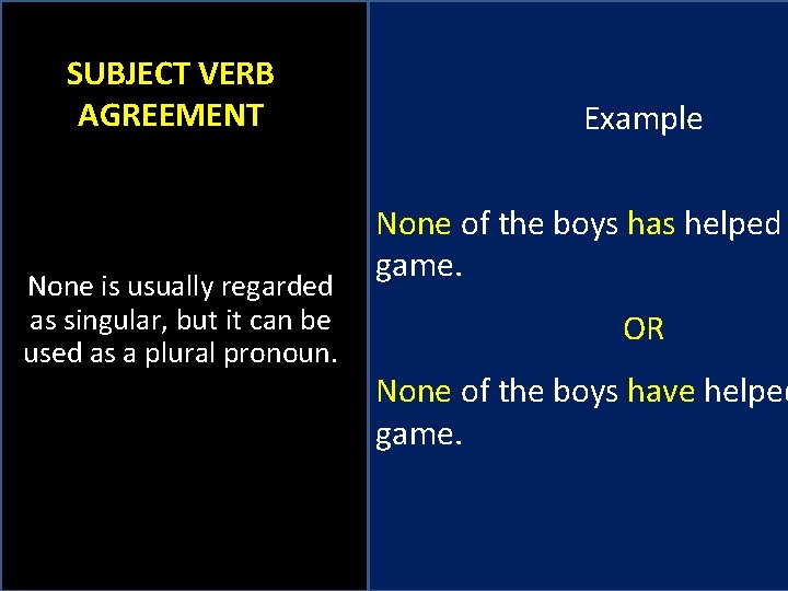 SUBJECT VERB AGREEMENT None is usually regarded as singular, but it can be used