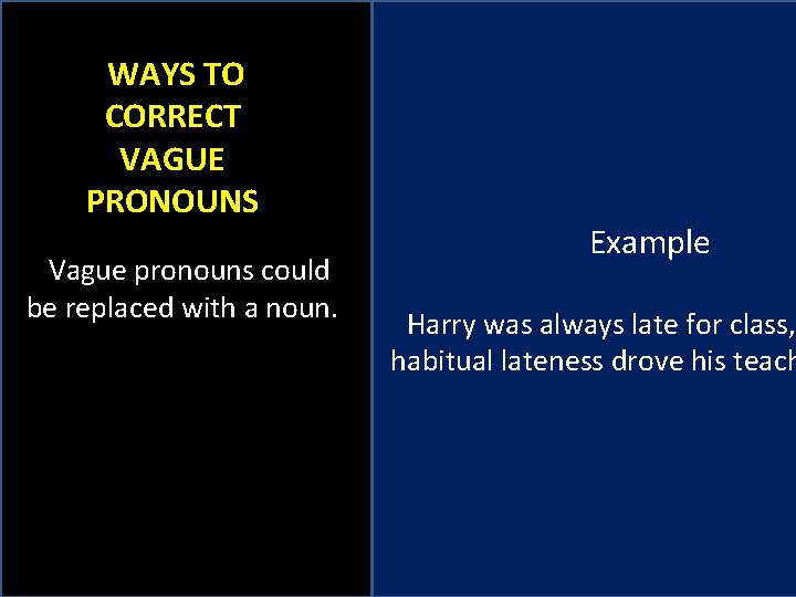  WAYS TO CORRECT VAGUE PRONOUNS Vague pronouns could be replaced with a noun.