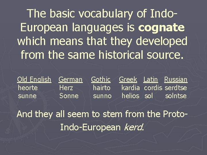 The basic vocabulary of Indo. European languages is cognate which means that they developed