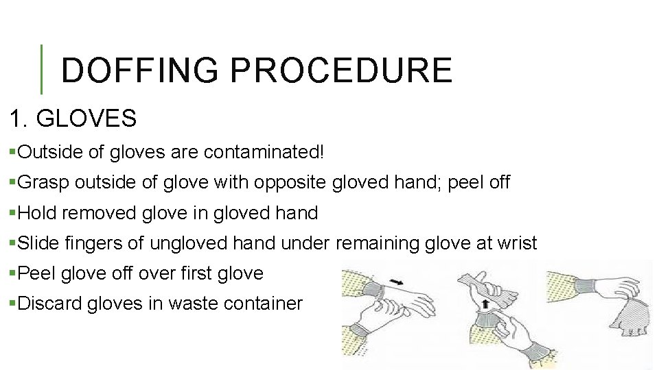 DOFFING PROCEDURE 1. GLOVES §Outside of gloves are contaminated! §Grasp outside of glove with