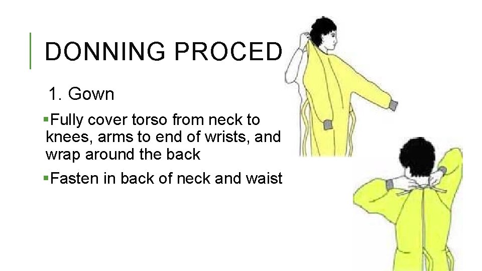 DONNING PROCEDURE 1. Gown §Fully cover torso from neck to knees, arms to end