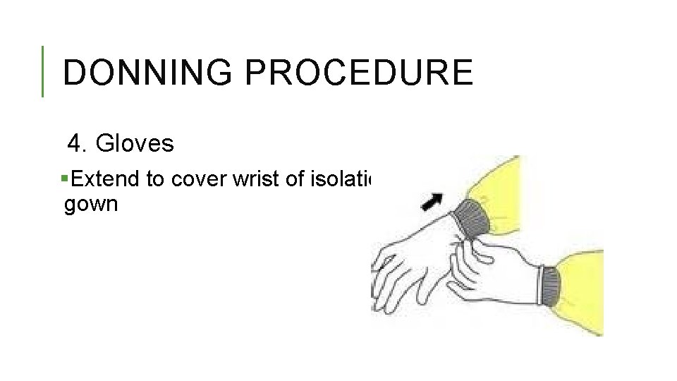 DONNING PROCEDURE 4. Gloves §Extend to cover wrist of isolation gown 