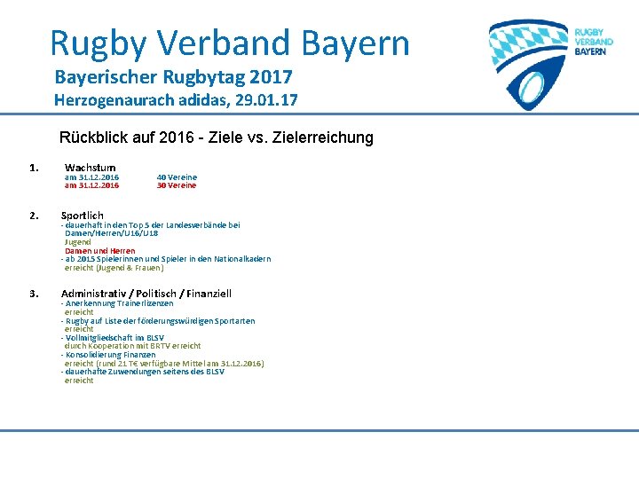 Rugby Verband Bayern Bayerischer Rugbytag 2017 Herzogenaurach adidas, 29. 01. 17 Rückblick auf 2016