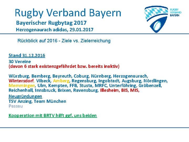 Rugby Verband Bayern Bayerischer Rugbytag 2017 Herzogenaurach adidas, 29. 01. 2017 Rückblick auf 2016