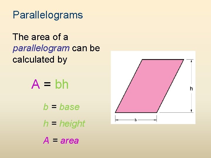 Parallelograms The area of a parallelogram can be calculated by A = bh b